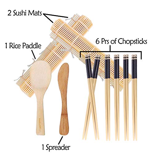 Bamboomn Sushi Making Kit 2X Natural Bamboo Rolling Mats, 1X Rice Paddle, 1X Spreader And 6 Pairs Chopsticks #TOP2