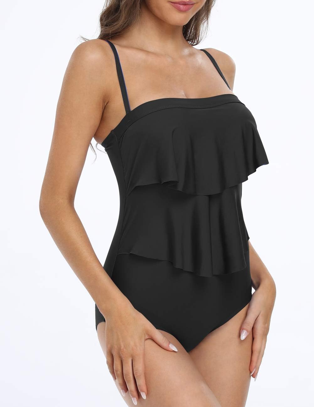 Firpearl Women's Bandeau One Piece Strapless Swimsuits Layered Ruffle Swimwear Flounce Bathing Suit