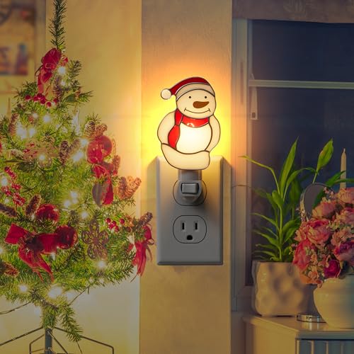 Image of Night Lights Plug into Wall Christmas Snowmen Stained Glass Plug in Night Light Dusk to Dawn 3000K Warm White Nightlight Switch On /Off for Adult Kids Room Bathroom Hallway Kitchen Non-Dim