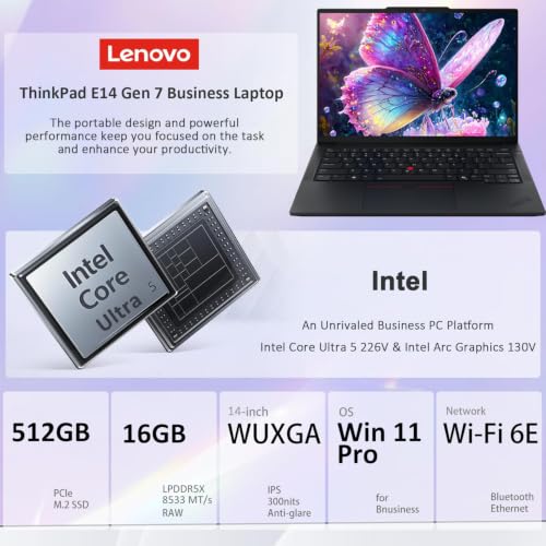 Image of Lenovo ThinkPad E14 Gen 7 Business AI Laptop (14 inch FHD+, Intel Core Ultra 5 226V (> Ultra 7 155U), 16GB 8533 MT /s RAM, 512GB SSD) Copilot+ PC, Backlit, Fingerprint, IR Webcam, Thunderbolt 4, Win 11 Pro