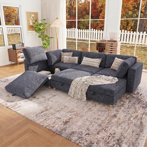 Image of 99 inch Modular Sectional Sleeper Sofa, 6 Seaters Chenille Modular Sectional Sofas, Sleeper Sofa Bed with Storage & Ottoman, Sleeper Couch with Removable Covers, Grey Sectional Couches for Living Room