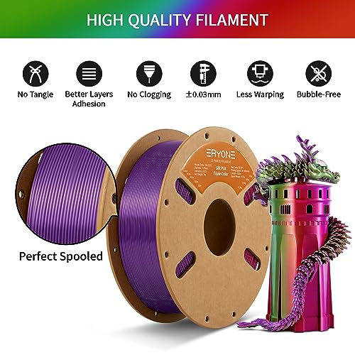 Image of ERYONE Silk Tri Color PLA Filament 3D Printer 1.75mm + /- 0.03mm, Multicolor Filament Tricolor PLA 1KG(2.2lbs) Cardboard Spool, Red Purple Green