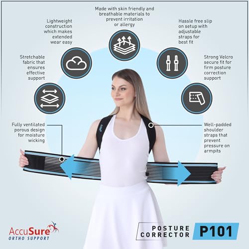 Image of AccuSure Nylon P101 Posture Corrector Belt Universal Size Fit For All | Adjustable Back & Shoulder Brace For Adults | Pain Relief, Spine Alignment & Improved Posture | Breathable & Comfortable Support
