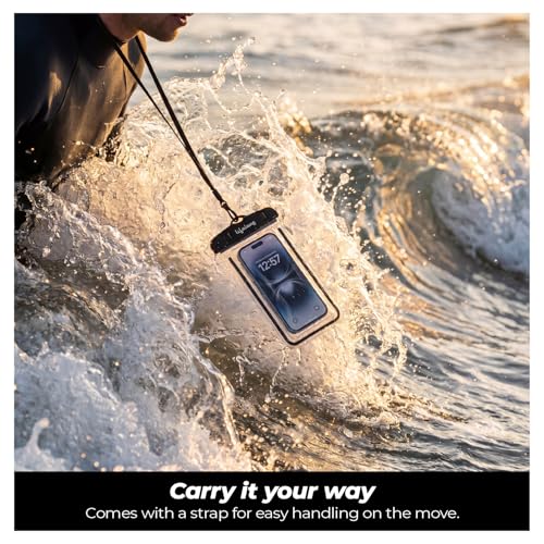 Image of Lifelong Waterproof Mobile Rain Pouch with Plastic Air Lock, Black | IPX8 Waterproof Case for Smartphiones & iPhones | Transparent Pouch for Swimming Pool, Beach, Diving | Heavy-Duty Lanyard