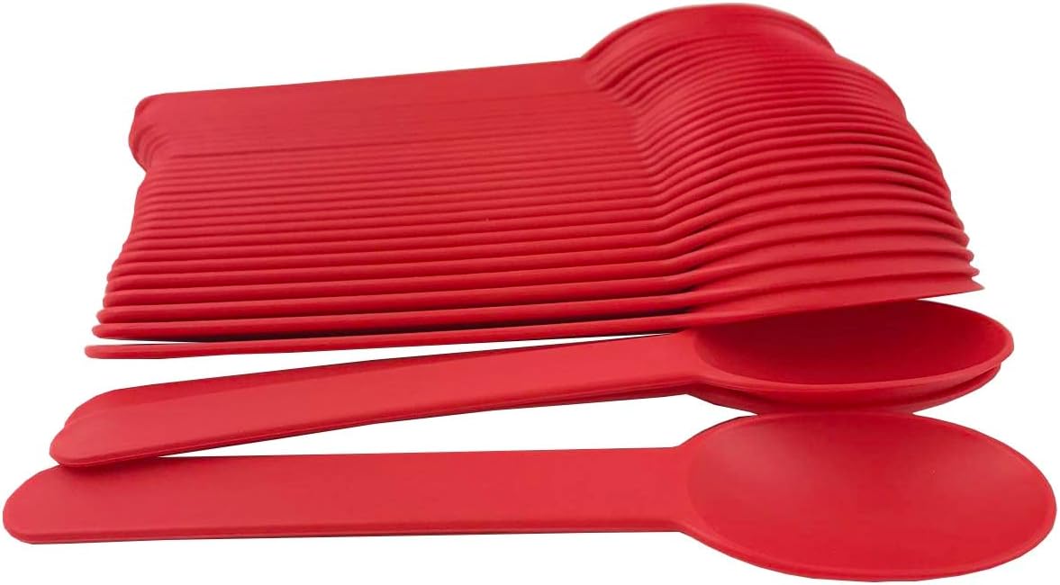 MMvolesy Cucharas de plástico ecológicas desechables rojas, 50 unidades, modernas, color 11, 5.94 pulgadas de largo x 1.38 pulgadas de ancho, aptas