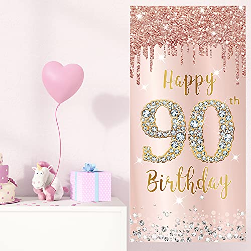 Image of 90th Birthday Door Banner Decorations for Women, Pink Rose Gold Happy 90th Birthday Door Cover Backdrop Party Supplies, Large 90 Year Old Birthday Poster Sign Decor
