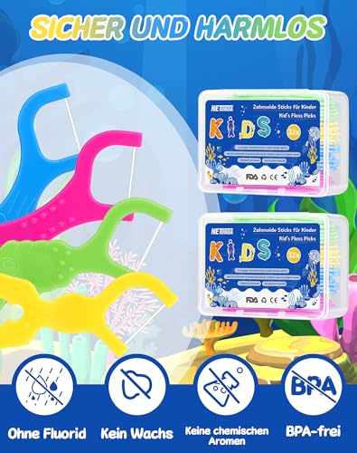 NETONDA Zahnseide Kinder Dental Floss für engen Zahnzwischenräume Zahnseide Sticks mit 4 bunte Griffe in Form von Meerestieren Flossers Kids - Fluorfrei, wachsfrei, rutschhemmend(2X32Stk) – Bild 7