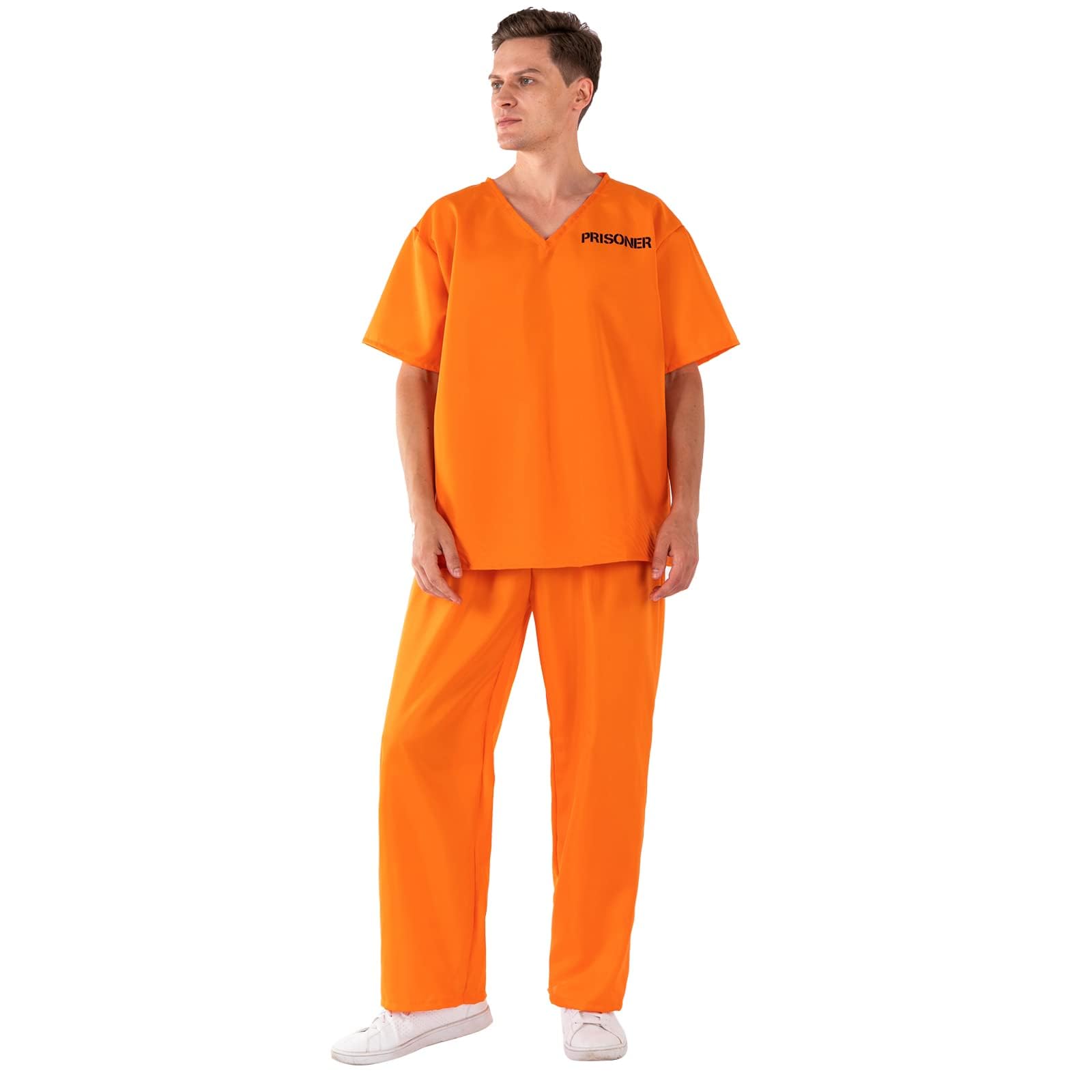 Applysu Unisex Orange Prisoner Costume Suit Jail Convict Inmate Robbers Halloween Fancy Dress Costume Outfits, Matching Orange Top and Trousers