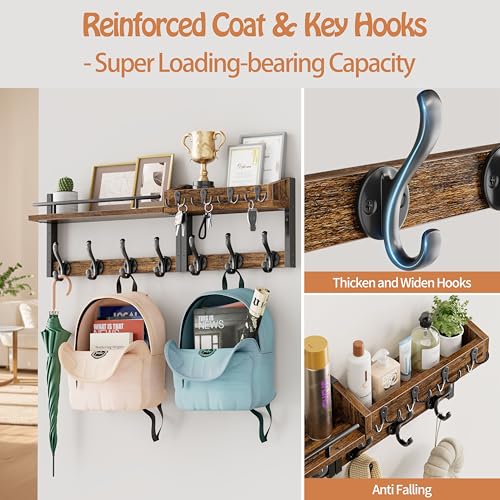 Image of 29 inch Coat Rack Wall Mount with Shelf, Entryway Wall Shelf with Hooks, Heavy Duty Coat Hanger Wall Mount with Key Holders and Mail Organizer for Living Room, Bedroom, Black & Brown