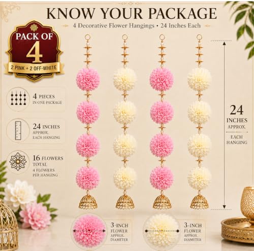 Image of Divyakosh Artificial Flower Hanging for Door, 4 Pieces, 24 Inch Each, Big Export Quality Flowers, Decorative Toran for Main Door, Pooja Room, Mandir & Festive Home Decor