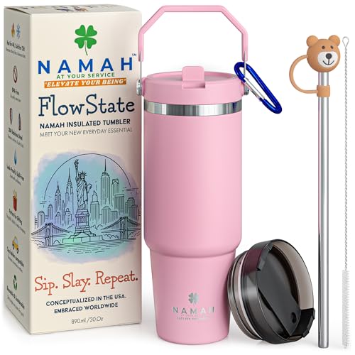 Image of Namah Insulated Tumbler with Straw 890 ml & Handle Leak Proof Stainless Steel Vacuum Sipper Bottle Hot & Cold Water Tumbler for Office Gym Travel Car Cup Holder Friendly (Bubblegum-pop)