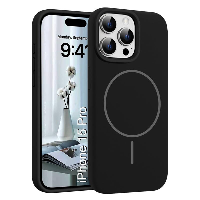 Image of LuxuryKase Silicone Magnetic Case for iPhone 15 Pro | Soft Microfiber Lining | MagSafe Support | Shockproof Protective Cover | Precise Cutouts | Slim Fit Design - Black