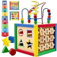 Wooden Activity Play Cube 6 in-1 for Baby with Removable Bead Maze, Shape Sorter, Abacus Counting Beads & Numbers, Sliding Shapes, 8Pcs Stacking Cups – Play22