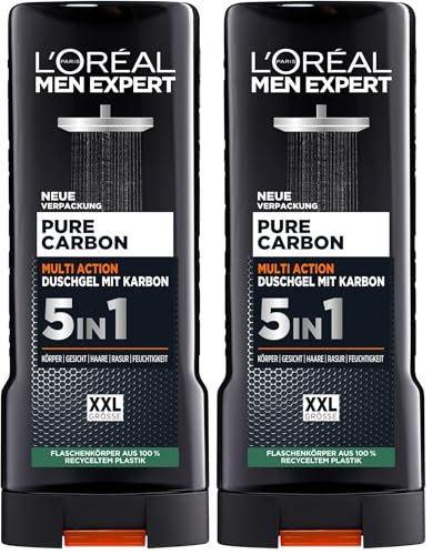 LOréal Men Expert XXL 5in1 Duschgel und Shampoo für Männer, Duschbad zur Reinigung von Körper, Haar und Gesicht, Herren Körperpflege für langanhaltende Frische mit Karbon, Pure Carbon, 1 x 400 ml