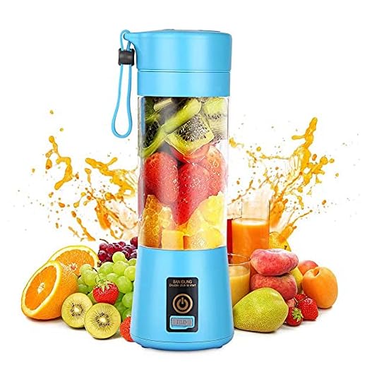 Mini licuadora eléctrica portátil, con cuchillas de acero inoxidable y seis cuchillas 3D, con cable de carga USB, adecuada para viajes, 380 ml (azul)