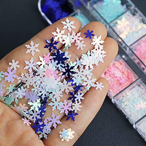 Snowflakes Nail Glitter Sequins 3D Holographic Christmas Nail Art Flakes White Pink Blue Snow Sequins Winter Nail Supplies for Women DIY Acrylic Nails Christmas Decorations Craft