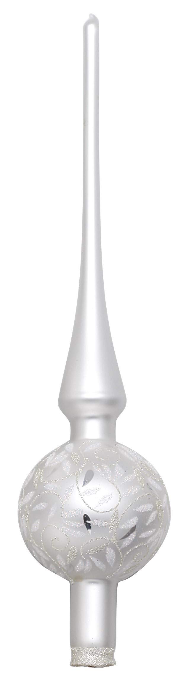 Christbaumspitze Glas 30cm mit Ornamenten mundgeblasen handbemalt Weihnachtsbaumspitze weiß matt