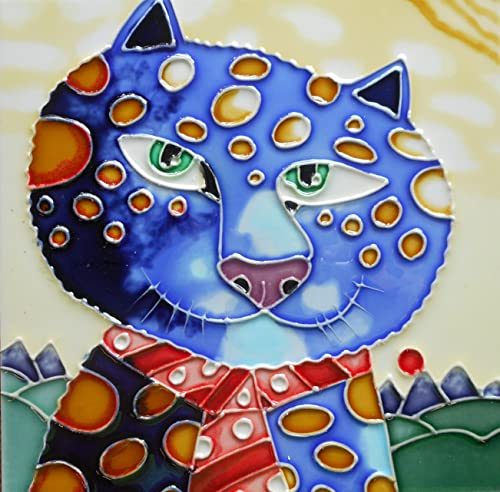 Cat hand painted ceramic art tile 8x8 inches with easel back