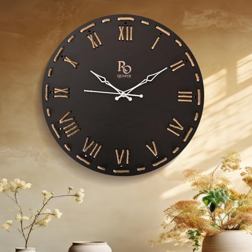 Image of Wooden Round Shape Roman Dial Wall Clock with Silver Hands & Golden Jute Rope Detailing | Silent Quartz Movement Anti Reflection Analog Vintage Clock for Office & Home (Black, 15.5 Inch)