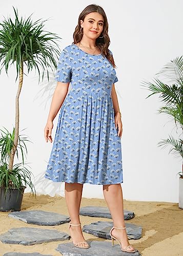 Image of POSESHE Womens Plus Size Summer Dress 2026 Casual Short Sleeve Empire Waist Loose Fit Swing T-Shirt Dress with Pockets