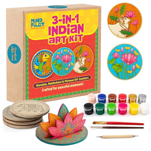 Image of Mind Pilot Art & Craft Kit for Kids & Adults | 3-in-1 Indian Painting Kit | Mandala, Madhubani & Pichwai | 6 Pre-Marked Wooden Coasters | 12 Colours | DIY Gift Set | Ages 8+