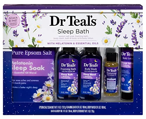 Dr Teal's Melatonin 5-Piece Bath Gift Set - Give the of Better Sleep Contains 11 oz Soak, 3 Bath, Body Wash, 1 Oil, & Lotion At Home Spa Kit Pure Epsom Salt 80 Ounce