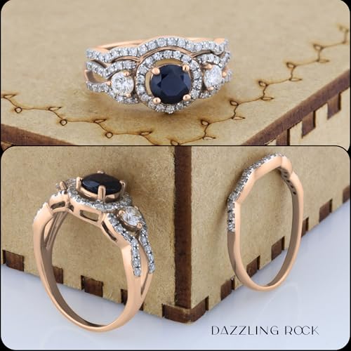 Dazzlingrock Collection Round Blue Sapphire & White Diamond 3 Stone Halo Wedding Ring Set for Women in 14K Solid Gold4