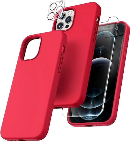 TOCOL Funda 5 en 1 para iPhone 12 Pro Max, con 2 protectores de pantalla + 2 protectores de lente de cámara, funda delgada de silicona líquida a