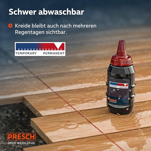 PRESCH Schlagschnur 30m inkl. roter Kreide (150g) – Schneller Rücklauf dank 6:1 Getriebe - Wasserabweisende Kreide für langlebige Markierungen – Robuste Schnur für präzise Linien