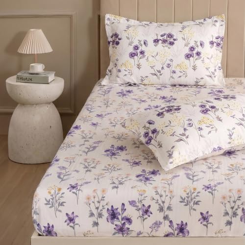 Image of Home Elegance from House of Mytrident | Linen Feel Bed Sheet for Double Bed King Size with Two Pillow Covers | Ultrasoft | Floral 274cm x 250cm | myTrident - Cedar Purple
