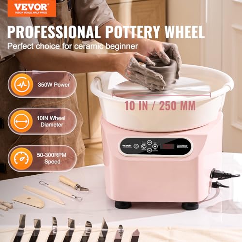 Image of VEVOR 25CM Pottery Wheel for Adults Beginners, Direct Drive Ceramic Pottery Wheel with LCD Touch Screen Foot Pedal 50-300RPM Adjustable Speed, 350W Electric Wheel for Pottery Art Craft DIY, Pink