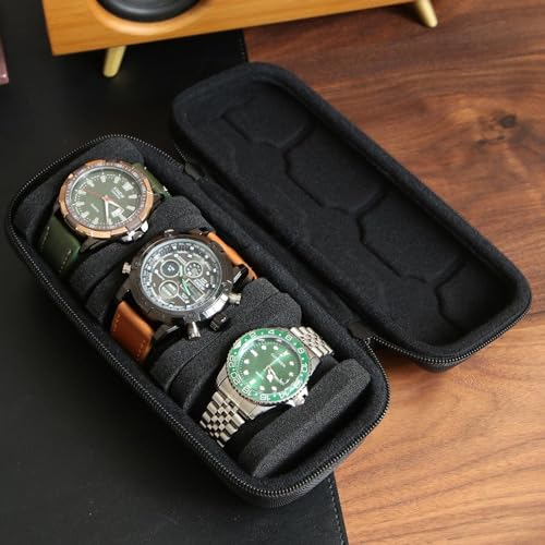 Image of Street27 Travel Watch Case Organizer Watch Box With Zipper Heavy Duty Portable Travel Friendly Case Fits all Wristwatches & Smart Watches Up To 60MM Compatible for Apple Watch (Black(3 Slots))