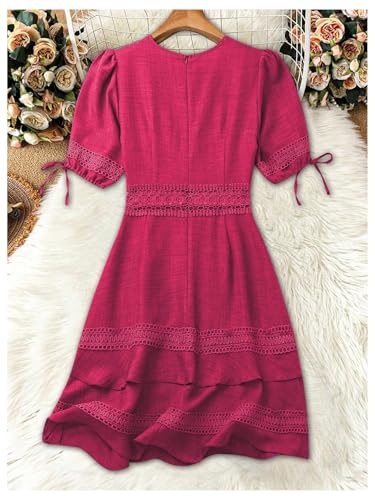 SOLY HUX Women's Summer Dress Hollow Out Lace V Neck Puff Short Sleeve A Line Layered Short Dresses2