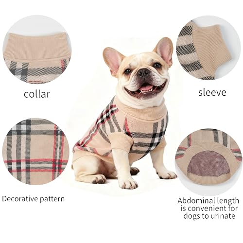 Image of Small /Medium Dog Sweater, Warm Dog Winter Coat w /Sleeves, Comfortable High Neck & Leash Hole, Premium Dog Clothes for Bulldog-Best for Holidays, Daily Walks L Apricot