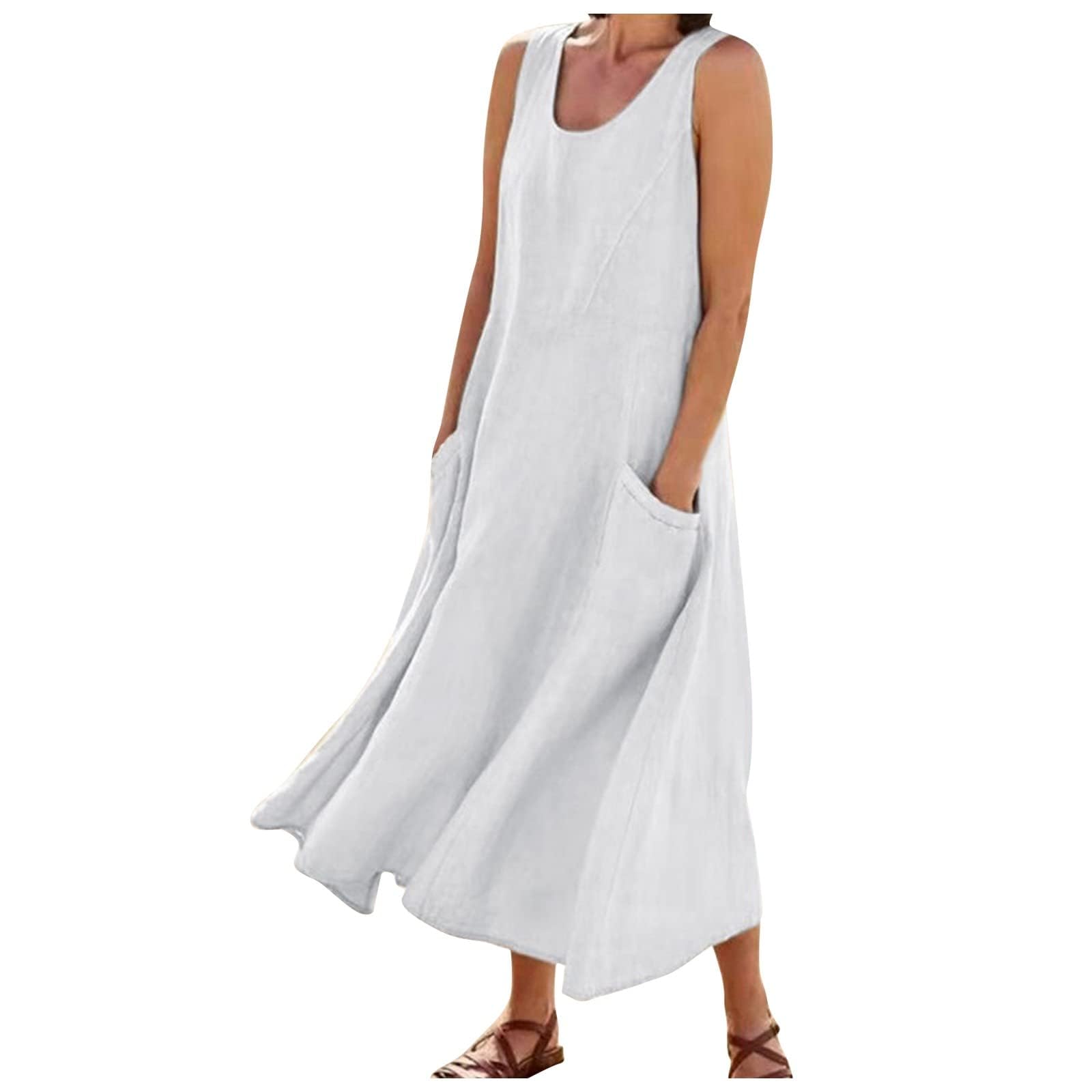 Sunlighty Vestidos de lino para mujer 2024, vestidos largos de algodón italiano, sin mangas, talla grande, cuello redondo, vestido de verano fluido
