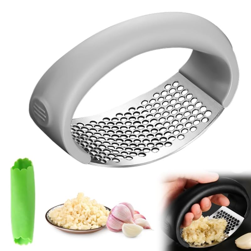 Garlic Press Rocker Portable Manual Stainless Steel Garlic Press Rocker Crusher Masher with Garlic Peeling Drum for Home