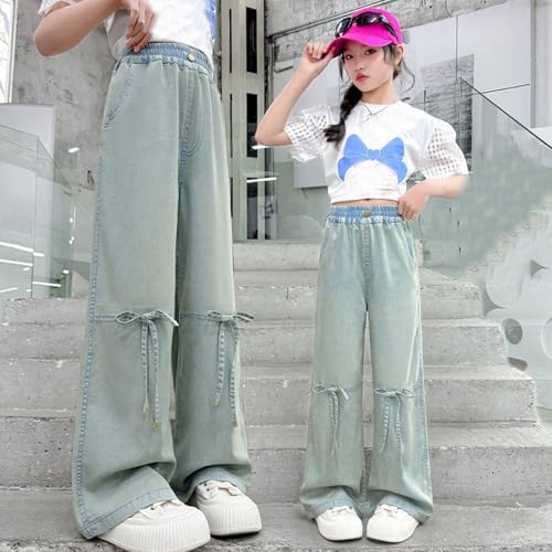 Teen Girls Jeans Wide Leg Wave Stitching Denim Pants with Pocket Baggy Casual Elastic High Waist Fashion Trousers 4-14Y2