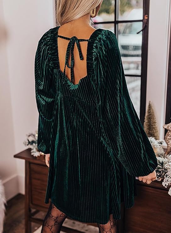 Chvity Women Velvet Backless Mini Dress Sqaure Neck Long Sleeve Casual Loose Holiday Party Winter Babydoll Velour Dressess - Image 7