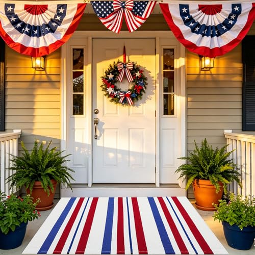 USA 250th Anniversary Patriotic Doormat 24 x 37 Red White and Blue Striped Outdoor Rug Washable Farmhouse Front Porch Welcome Mat for Memorial Day 4th of July and Independence Day Decor