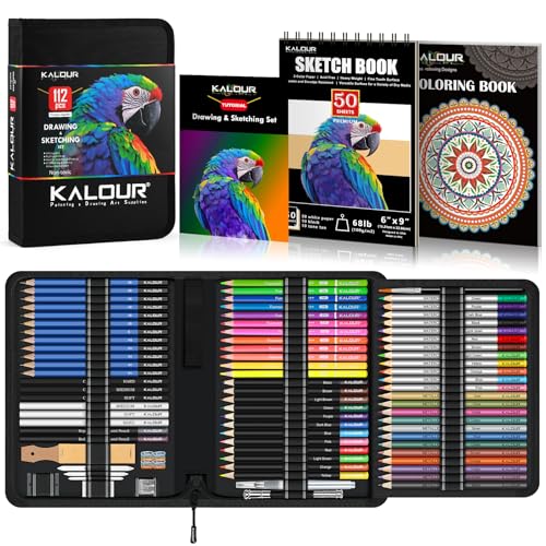 KALOUR PDAS 112 Set per Disegno Kit da Schizzo, Forniture Artistiche Professionali con Libro da Schizzo a 3 Colori & Libro da Colorare, Matite Neon, Colorate, Acquerello, Metalliche, Grafite