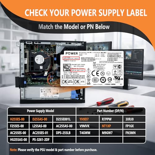Image of NT1XP YH9D7 255W Power Supply for Dell Optiplex 3020 7020 9020 Precision T1700 Small Form Factor (SFF) Systems R7PPW 3XRJ0 V9MVK FP16X T4GWM M9GW7 FN3MN H255ES-00 D255AS-00 D255E001L F255ES-00