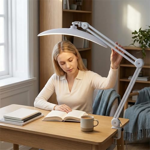 eccuslon 48W Eye-Caring LED Clip On Desk Lamp, 2700K/4200K/5600K with Clamp and Remote, Curved Design for Focused Lighting, CRI 95+ for Nail, Crafting, Painting, Hobby & Computer Monitor Light
