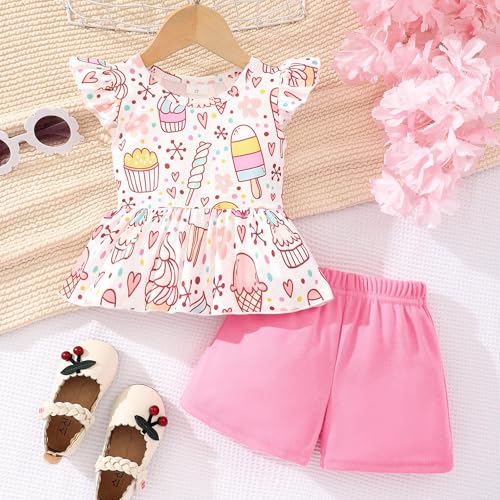 Image of Girls Summer Outfits Toddler Baby Girls Short Sets 2 Piece Clothing Set Flutter Sleeve Shirt and Short 2-7 Years