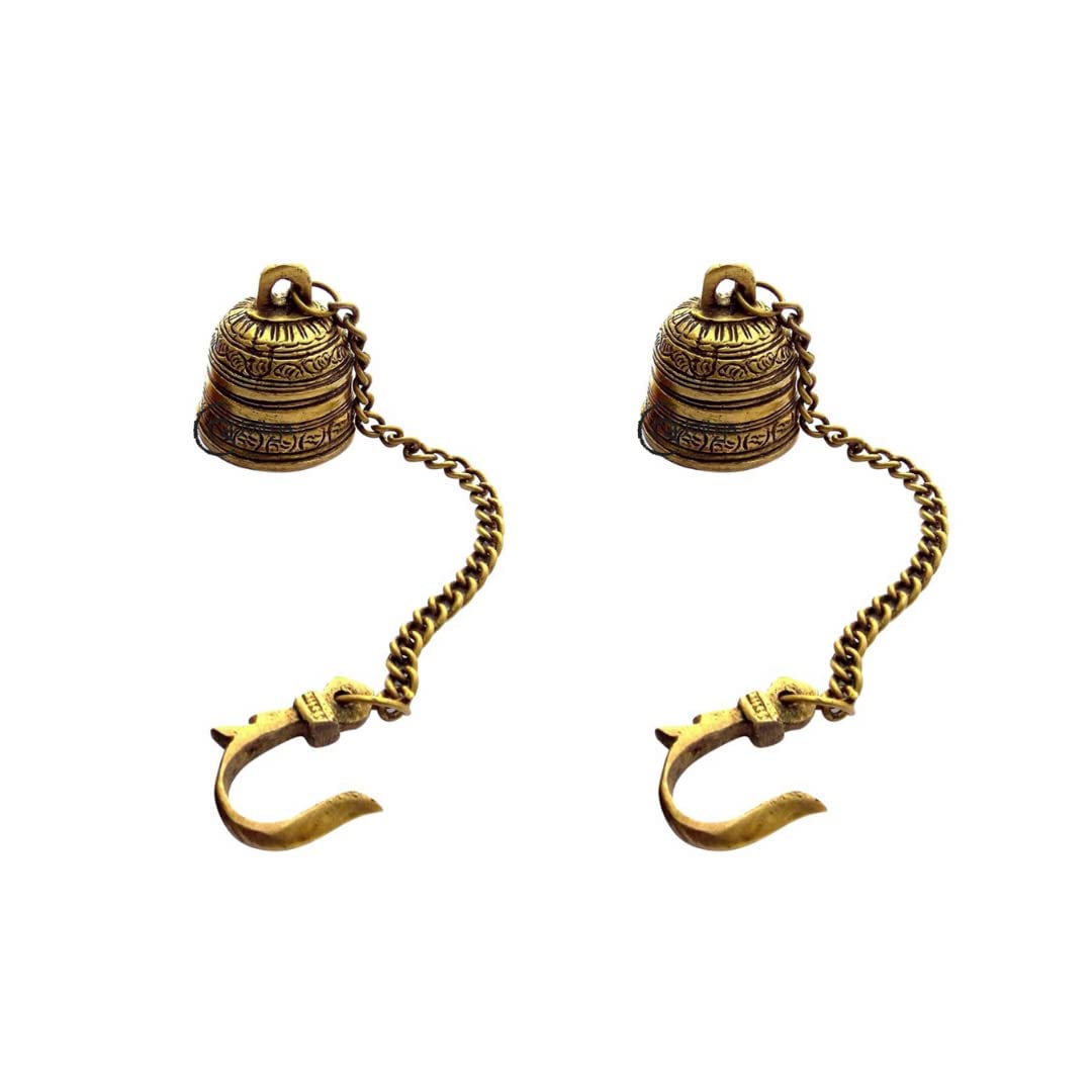 The Advitya Brass Handcrafted Hanging Bell with Chain | Wall Hanging Bells for Home Mandir Temple | Hanging Designer Bell for Pooja | Mandir Ki Ghanti | Brass Bell for Pooja Room| Pack of 2 - Image 5 thumbnail