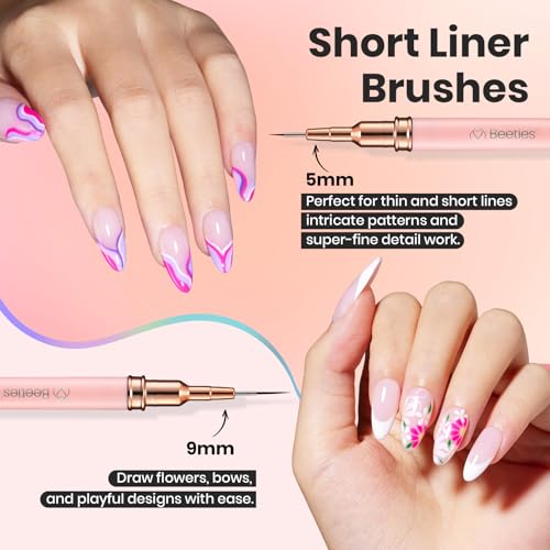 Image of Beetles Gel Polish Nail Art Pens, 5pcs Nail Art Brushes Liner Brushes for Nails Pink Liner Sizes 5 /9 /15 /20 /25mm with Palette Holder Painting Manicure Design Tools for Long Lines, Details, Fine Drawing
