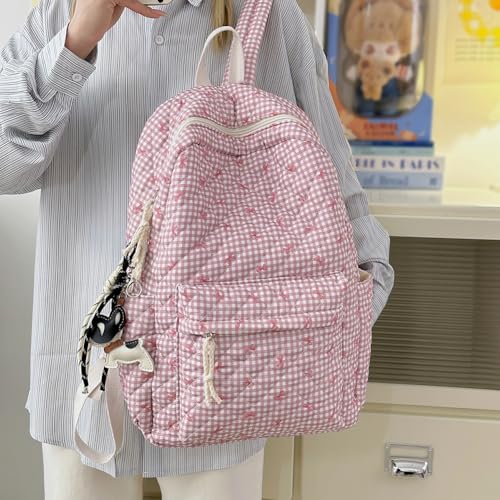 Three-Piece Cute Quilted Padded Backpack with Shoulder Bag & Small Bag (Pink)4