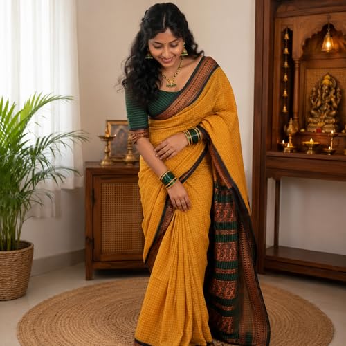 Image of Gadwal Cotton Silk Checked Saree for Women | Pure Kalyani Cotton Checked Saree with Zari Border Tassels & Blouse | Kanjivaram Linen Silk | Handloom Weave