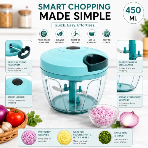 Image of Manual Mini Vegetable Chopper with Pull Cord, Multipurpose Kitchen Food Cutter for Onion, Vegetable, Fruits & Dry Fruits, Compact Plastic Hand Chopper (Multicolour, 450 ml)