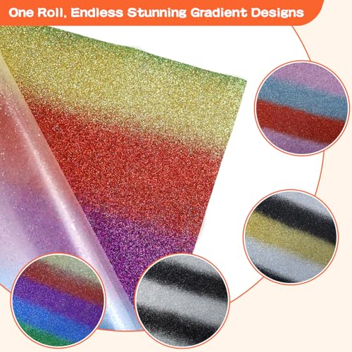 Image of guangyintong Rainbow Glitter Heat Transfer Vinyl Rolls - 12 inch x 8ft Rainbow Gradient Glitter HTV Vinyl for Shirts, Iron On Vinyl for All Cutter Machine - Easy to Cut & Weed for Heat Vinyl Design