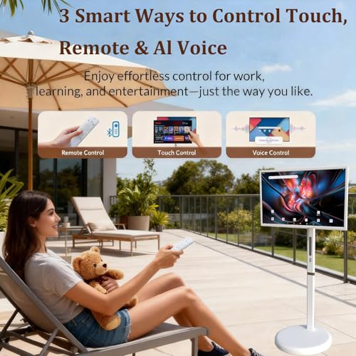 Image of 32 Inch UHD 4K Portable Smart TV on Wheels, 8GB + 128GB Storage, Android 15 OS, Rolling TV with Rotatable Touch Screen, Camera and Stand, Full Swivel Rotation, Voice Remote for Home, Outdoors
